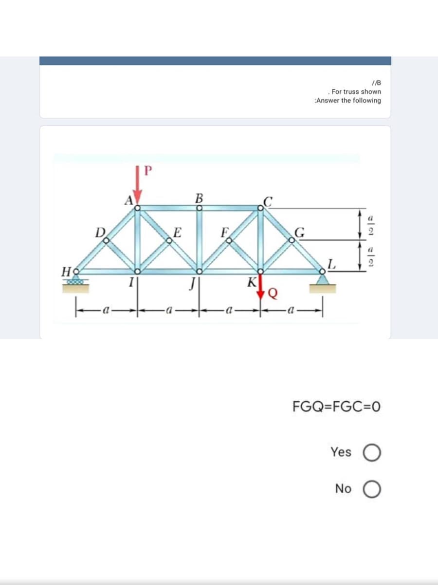 I/B
For truss shown
:Answer the following
В
a
F.
K
FGQ=FGC%3D0
Yes
No
