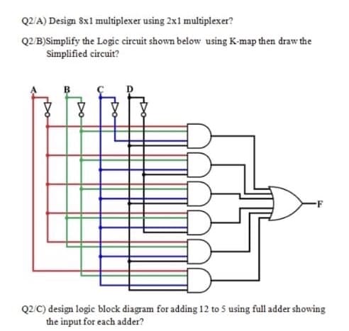 Q2/A) Design 8x1 multiplexer using 2x1 multiplexer?
Q2 B)Simplify the Logic circuit shown below using K-map then draw the
Simplified circuit?
Q2/C) design logic block diagram for adding 12 to 5 using full adder showing
the input for each adder?
