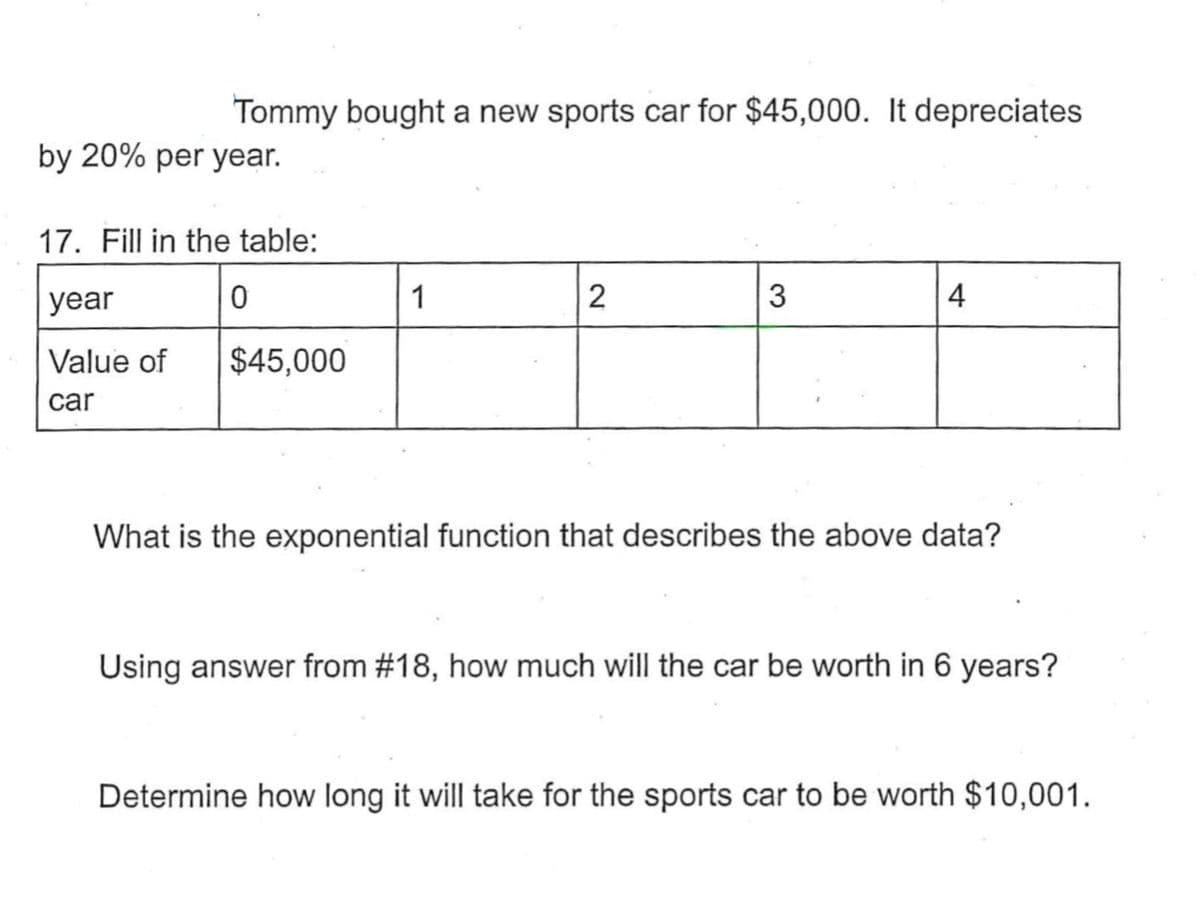 Tommy bought a new sports car for $45,000. It depreciates
by 20% per year.
17. Fill in the table:
year
0
Value of
car
$45,000
1
2
3
4
What is the exponential function that describes the above data?
Using answer from #18, how much will the car be worth in 6 years?
Determine how long it will take for the sports car to be worth $10,001.