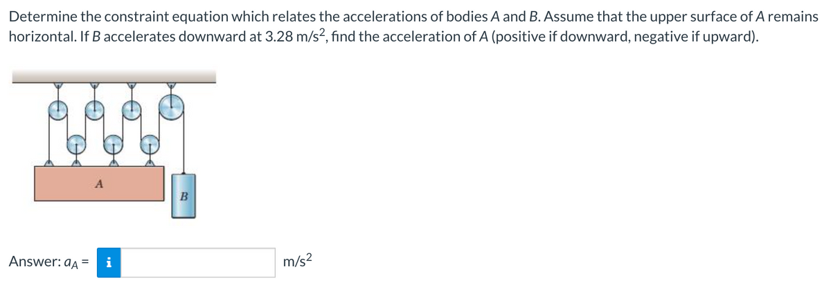 Determine the constraint equation which relates the accelerations of bodies A and B. Assume that the upper surface of A remains
horizontal. If B accelerates downward at 3.28 m/s², find the acceleration of A (positive if downward, negative if upward).
Answer: aa =
m/s?
%3D
