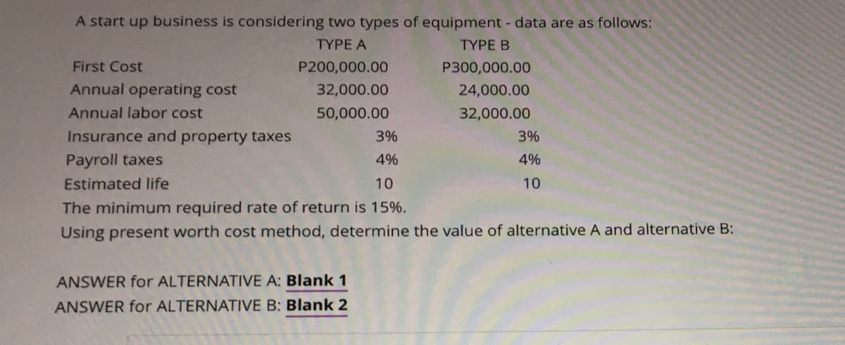 A start up business is considering two types of equipment - data are as follows:
TYPE A
ΤΥΡE Β
First Cost
P200,000.00
P300,000.00
Annual operating cost
32,000.00
24,000.00
Annual labor cost
50,000.00
32,000.00
Insurance and property taxes
3%
3%
Payroll taxes
4%
4%
Estimated life
10
10
The minimum required rate of return is 15%.
Using present worth cost method, determine the value of alternative A and alternative B:
ANSWER for ALTERNATIVE A: Blank 1
ANSWER for ALTERNATIVE B: Blank 2
