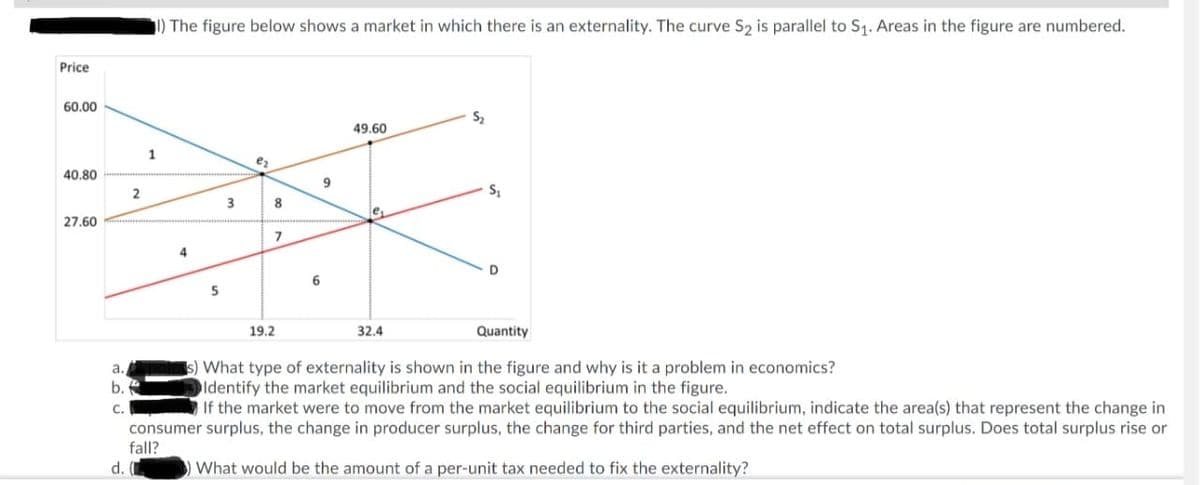 Il) The figure below shows a market in which there is an externality. The curve S2 is parallel to S1. Areas in the figure are numbered.
Price
60.00
49.60
40.80
2
8
le
27.60
5
19.2
32.4
Quantity
s) What type of externality is shown in the figure and why is it a problem in economics?
Identify the market equilibrium and the social equilibrium in the figure.
If the market were to move from the market equilibrium to the social equilibrium, indicate the area(s) that represent the change in
a.
b.
C.
consumer surplus, the change in producer surplus, the change for third parties, and the net effect on total surplus. Does total surplus rise or
fall?
d.
OWhat would be the amount of a per-unit tax needed to fix the externality?
