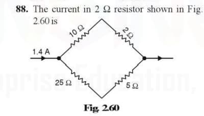 88. The current in 2 Ω resistor shown in Fig.
2.60 is
1.4 Α
ris25
10 Ω
Ω
Fig. 260
2Ω
5Ω