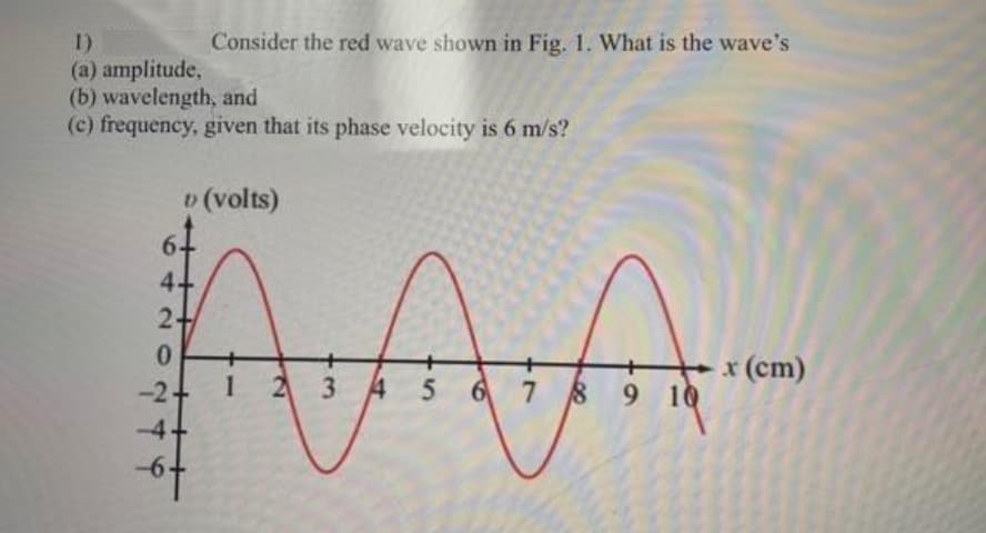 1)
(a) amplitude.
(b) wavelength, and
(c) frequency, given that its phase velocity is 6 m/s?
Consider the red wave shown in Fig. 1. What is the wave's
v (volts)
4+
2.
0
-2.
1
2
3
4
+
5
5
6
7 8 9 10
x (cm)