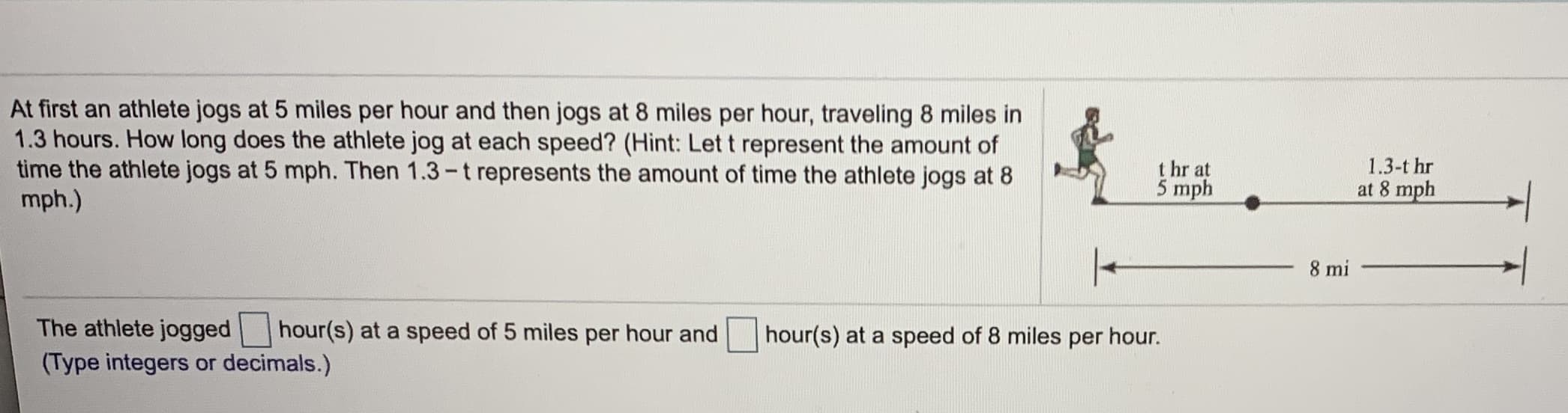 At first an athlete jogs at 5 miles per hour and then jogs at 8 miles per hour, traveling 8 miles in
1.3 hours. How long does the athlete jog at each speed? (Hint: Let t represent the amount of
time the athlete jogs at 5 mph. Then 1.3-t represents the amount of time the athlete jogs at 8
mph.)
1.3-t hr
t hr at
5 mph
at 8 mph
8 mi
The athlete jogged
hour(s) at a speed of 5 miles per hour and
hour(s) at a speed of 8 miles per hour.
(Type integers or decimals.)
