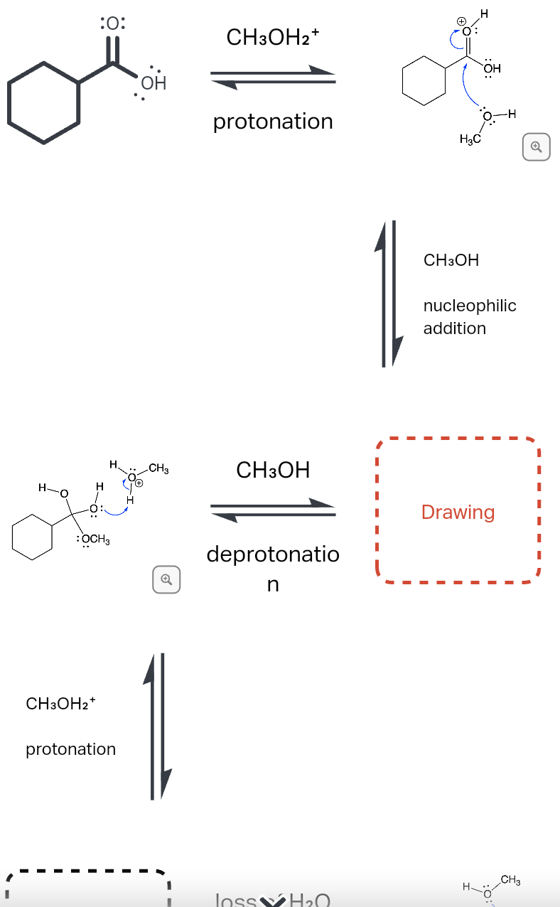 :0:
CH3OH2*
protonation
H3C
CH3OH
nucleophilic
addition
CH3
CH3OH
H-o
H
Drawing
:OCH3
deprotonatio
CH3OH2*
protonation
CH3
H.
loss H2.
