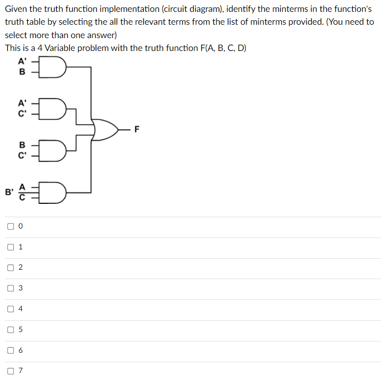 Given the truth function implementation (circuit diagram), identify the minterms in the function's
truth table by selecting the all the relevant terms from the list of minterms provided. (You need to
select more than one answer)
This is a 4 Variable problem with the truth function F(A, B, C, D)
D
D
B'
r
U
[]
A'
B
B
C'
1
2
3
A
5
06
7
D
F