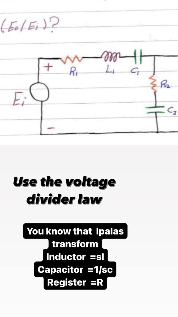 (Eo/ Ei)?
Ei
+
-
Rr
m
Li
Use the voltage
divider law
You know that Ipalas
transform
Inductor =sl
Capacitor =1/sc
Register =R
G
30
C₂