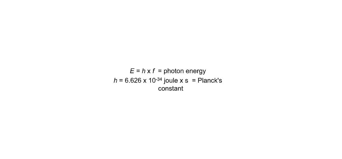 E = hxf = photon energy
h = 6.626 x 10-34 joule x s
Planck's
%3D
constant
