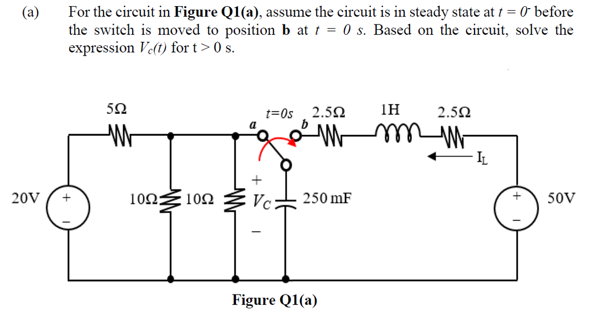 (a)
20V
For the circuit in Figure Q1(a), assume the circuit is in steady state at t = 0 before
the switch is moved to position b at t = 0 s. Based on the circuit, solve the
expression Ve(t) for t> 0 s.
+
522
M
t=0s 2.502
b
10Ω:
HE
10Ω
Vc
250 mF
Figure Q1(a)
1Η
mm
2.5Ω
IL
+
50V