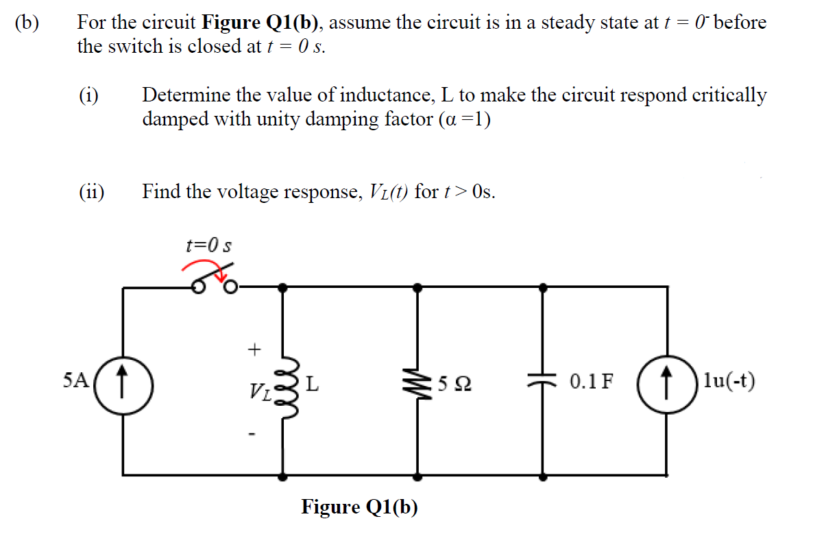 ê
For the circuit Figure Q1(b), assume the circuit is in a steady state at t = 0 before
the switch is closed at t = O s.
(1)
5A
↑
Determine the value of inductance, L to make the circuit respond critically
damped with unity damping factor (a =1)
Find the voltage response, VL(t) for t> 0s.
t=0 s
+
VL
L
Figure Q1(b)
592
0.1 F
↑
lu(-t)