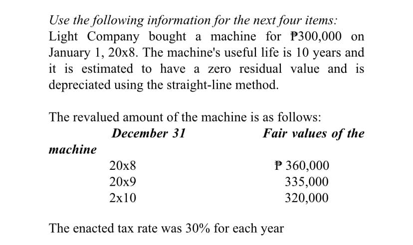 Use the following information for the next four items:
Light Company bought a machine for P300,000 on
January 1, 20x8. The machine's useful life is 10 years and
it is estimated to have a zero residual value and is
depreciated using the straight-line method.
The revalued amount of the machine is as follows:
December 31
Fair values of the
machine
20x8
P 360,000
20x9
335,000
2x10
320,000
The enacted tax rate was 30% for each year