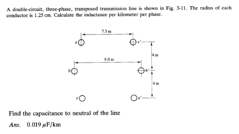 A double-circuit, three-phase, transposed transmission line is shown in Fig. 3-11. The radius of each
conductor is 1.25 cm. Calculate the inductance per kilometer per phase.
7.5m
9.0m
Find the capacitance to neutral of the line
Ans. 0.019 uF/km
Oa'-
4 m
4 m