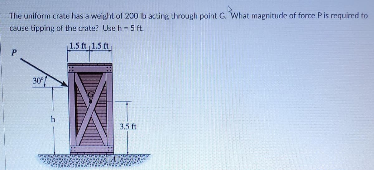 The uniform crate has a weight of 200 lb acting through point G. What magnitude of force P is required to
cause tipping of the crate? Use h = 5 ft.
1.5 ft 1.5 ft
30°
3.5 ft
