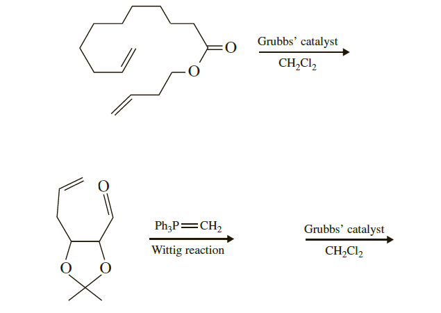 Grubbs' catalyst
CH,Cl,
Ph;P=CH,
Grubbs' catalyst
Wittig reaction
CH,Cl2

