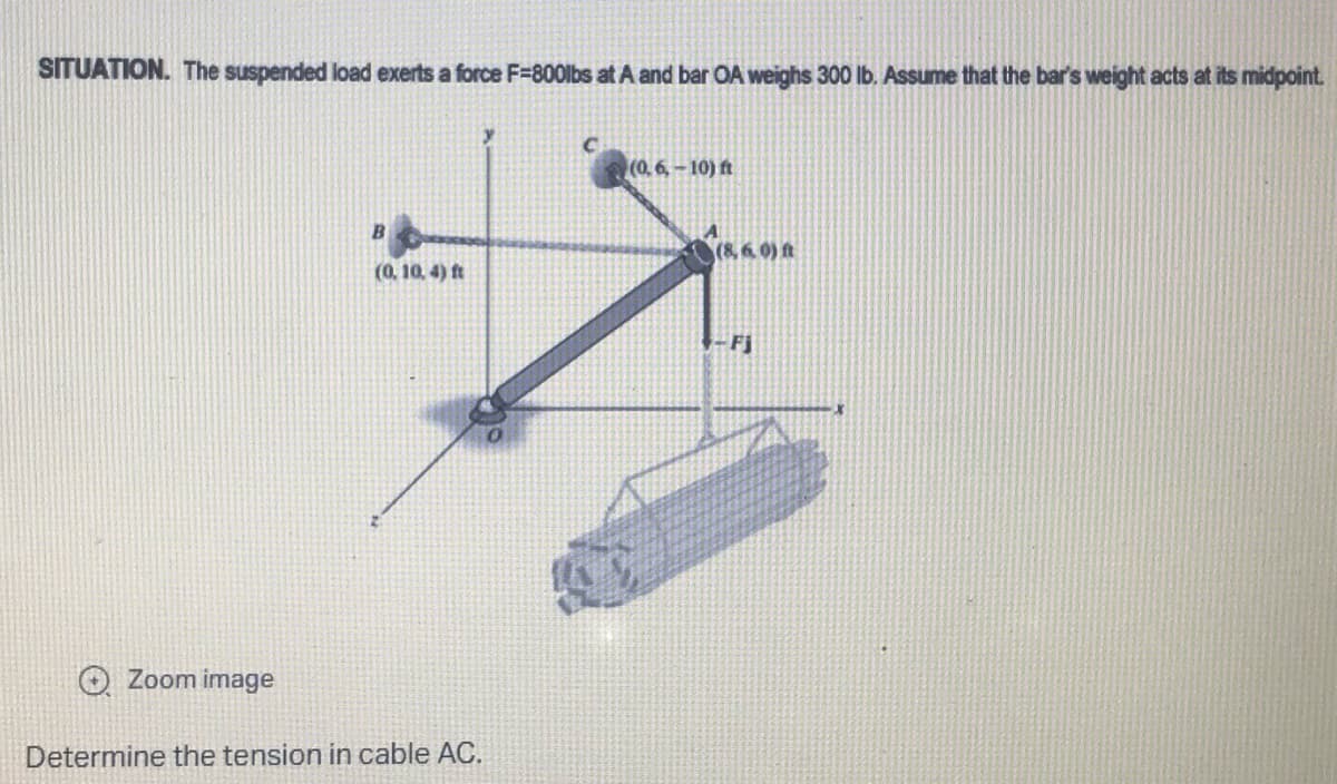 SITUATION. The suspended load exerts a force F-800lbs at A and bar OA weighs 300 lb. Assume that the bar's weight acts at its midpoint.
(0.6.-10) ft
(0, 10, 4) ft
Zoom image
Determine the tension in cable AC.
(8.60) ft
-Fj