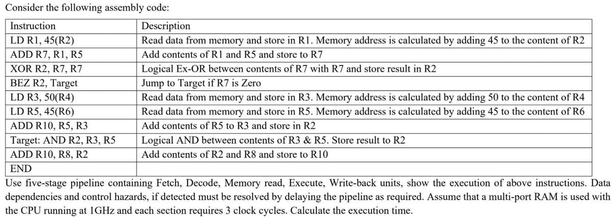 Consider the following assembly code:
Instruction
Description
LD R1, 45(R2)
Read data from memory and store in R1. Memory address is calculated by adding 45 to the content of R2
ADD R7, R1, R5
Add contents of R1 and R5 and store to R7
XOR R2, R7, R7
Logical Ex-OR between contents of R7 with R7 and store result in R2
Jump to Target if R7 is Zero
Read data from memory and store in R3. Memory address is calculated by adding 50 to the content of R4
Read data from memory and store in R5. Memory address is calculated by adding 45 to the content of R6
BEZ R2, Target
LD R3, 50(R4)
LD R5, 45(R6)
ADD R10, R5, R3
Add contents of R5 to R3 and store in R2
Target: AND R2, R3, R5
Logical AND between contents of R3 & R5. Store result to R2
ADD R10, R8, R2
Add contents of R2 and R8 and store to R10
END
Use five-stage pipeline containing Fetch, Decode, Memory read, Execute, Write-back units, show the execution of above instructions. Data
dependencies and control hazards, if detected must be resolved by delaying the pipeline as required. Assume that a multi-port RAM is used with
the CPU running at 1GHZ and each section requires 3 clock cycles. Calculate the execution time.
