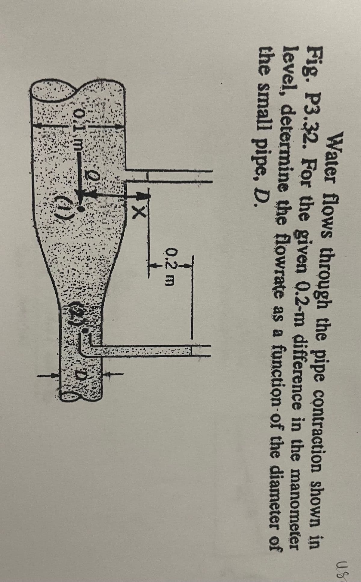 Water flows through the pipe contraction shown in
Fig. P3.32. For the given 0.2-m difference in the manometer
level, determine the flowrate as a function of the diameter of
the small pipe, D.
T
0.1 m
X
(1)
0.2 m
t
D
us