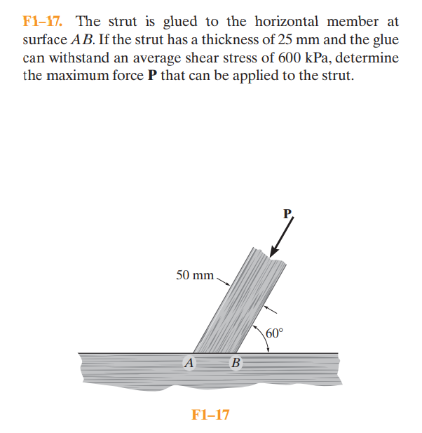 F1-17. The strut is glued to the horizontal member at
surface AB. If the strut has a thickness of 25 mm and the glue
can withstand an average shear stress of 600 kPa, determine
the maximum force P that can be applied to the strut.
50 mm
A
B
F1-17
P₁
60°