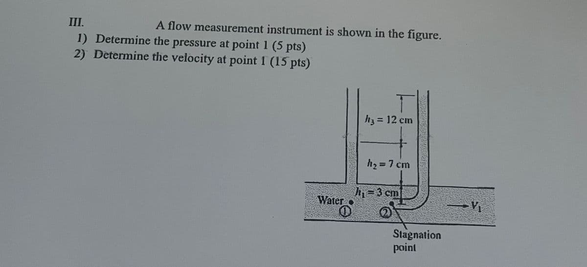 III.
1) Determine the pressure at point 1 (5 pts)
2) Determine the velocity at point 1 (15 pts)
A flow measurement instrument is shown in the figure.
Water
h3 = 12 cm
h₂ = 7 cm
h₁=3 cm
2
Stagnation
point
→Vi