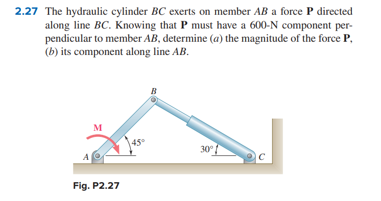 2.27 The hydraulic cylinder BC exerts on member AB a force P directed
along line BC. Knowing that P must have a 600-N component per-
pendicular to member AB, determine (a) the magnitude of the force P,
(b) its component along line AB.
A
M
Fig. P2.27
45°
B
30°
C