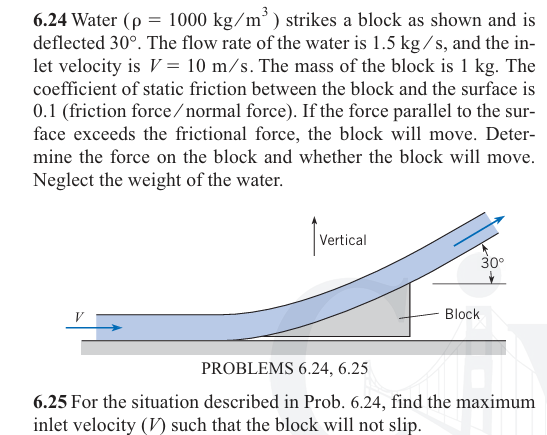 6.24 Water (p = 1000 kg/m³) strikes a block as shown and is
deflected 30°. The flow rate of the water is 1.5 kg/s, and the in-
let velocity is V = 10 m/s. The mass of the block is 1 kg. The
coefficient of static friction between the block and the surface is
0.1 (friction force/normal force). If the force parallel to the sur-
face exceeds the frictional force, the block will move. Deter-
mine the force on the block and whether the block will move.
Neglect the weight of the water.
Vertical
30°
Block
PROBLEMS 6.24, 6.25
6.25 For the situation described in Prob. 6.24, find the maximum
inlet velocity (V) such that the block will not slip.