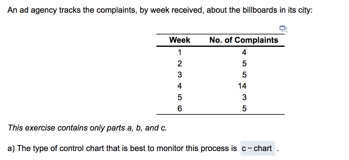 An ad agency tracks the complaints, by week received, about the billboards in its city:
No. of Complaints
Week
1
4
5
5
14
3
5
This exercise contains only parts a, b, and c.
a) The type of control chart that is best to monitor this process is c-chart
S5 W N
3
4
6