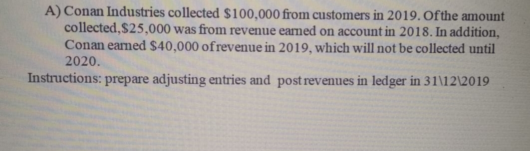 A) Conan Industries collected $100,000 from customers in 2019. Ofthe amount
collected,$25,000 was from revenue earned on account in 2018. In addition,
Conan earned $40,000 ofrevenue in 2019, which will not be collected until
2020.
Instructions: prepare adjusting entries and post revenues in ledger in 31\12\2019
