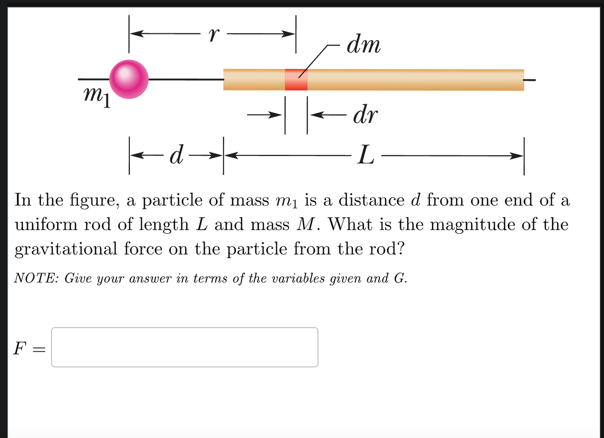r
dm
mi
| d—
dr
L-
In the figure, a particle of mass m₁ is a distance d from one end of a
uniform rod of length L and mass M. What is the magnitude of the
gravitational force on the particle from the rod?
NOTE: Give your answer in terms of the variables given and G.
F ==