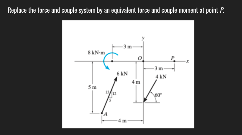 Replace the force and couple system by an equivalent force and couple moment at point P.
- 3 m -
8 kN-m
P
3 m-
6 kN
4 kN
4 m
5m
13
/12
\60°
A
-4 m
