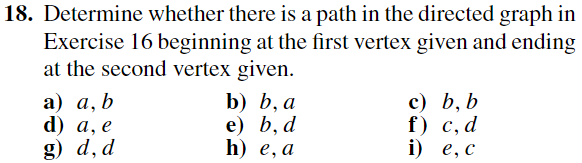 18. Determine whether there is a path in the directed graph in
Exercise 16 beginning at the first vertex given and ending
at the second vertex given.
a) a, b
d) a, e
g) d, d
b) b, a
e) b, d
h)
e, a
c) b, b
f) c, d
i) e, c