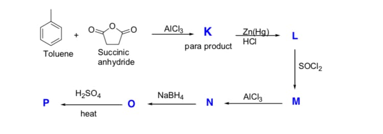 AICl3, K
Zn(Hg) , L
HCI
para product
Toluene
Succinic
anhydride
SOCI2
H2SO4
NABH4
AICI3
N
M
heat
