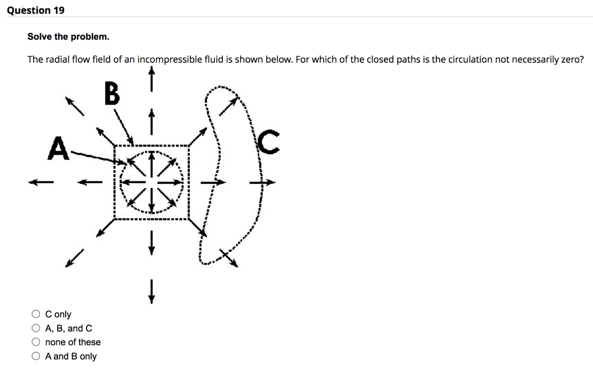 Question 19
Solve the problem.
The radial flow field of an incompressible fluid is shown below. For which of the closed paths is the circulation not necessarily zero?
B
A
C only
A, B, and C
none of these
A and B only
↑