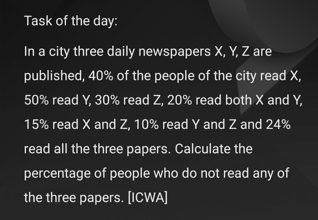 Task of the day:
In a city three daily newspapers X, Y, Z are
published, 40% of the people of the city read X,
50% read Y, 30% read Z, 20% read both X and Y,
15% read X and Z, 10% read Y and Z and 24%
read all the three papers. Calculate the
percentage of people who do not read any of
the three papers. [ICWA]
