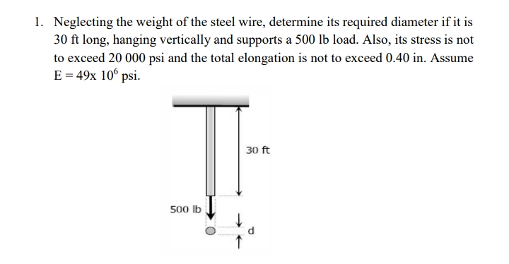 1. Neglecting the weight of the steel wire, determine its required diameter if it is
30 ft long, hanging vertically and supports a 500 lb load. Also, its stress is not
to exceed 20 000 psi and the total elongation is not to exceed 0.40 in. Assume
E = 49x 10° psi.
30 ft
500 lb
