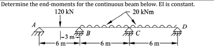 Determine the end-moments for the continuous beam below. El is constant.
120 kN
20 kNm
A
D
43 m B
-6 m·
6 m-
C
-6 m-

