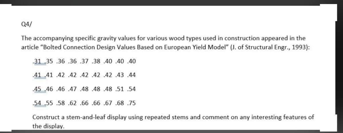 Q4/
The accompanying specific gravity values for various wood types used in construction appeared in the
article "Bolted Connection Design Values Based on European Yield Model" (J. of Structural Engr., 1993):
.31 35 .36 .36 .37 .38 .40 .40 .40
.41 .41 .42 .42 .42 .42 .42 .43 .44
.45 .46 .46 .47 .48 .48 .48 .51 .54
.54 .55 .58 .62 .66 .66 .67.68 .75
Construct a stem-and-leaf display using repeated stems and comment on any interesting features of
the display.
