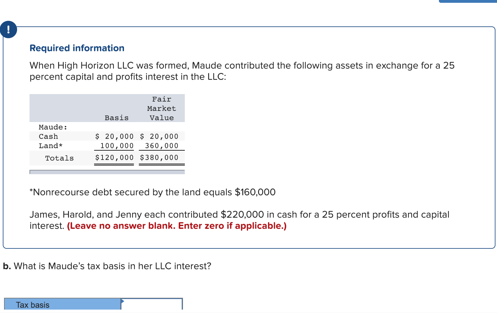 Required information
When High Horizon LLC was formed, Maude contributed the following assets in exchange for a 25
percent capital and profits interest in the LLC:
Fair
Market
Value
Basis
Maude:
Cash
Land*
$ 20,000 $ 20,000
100,000 360,000
Totals
$120,000 $380,000
Nonrecourse debt secured by the land equals $160,000
James, Harold, and Jenny each contributed $220,000 in cash for a 25 percent profits and capital
interest. (Leave no answer blank. Enter zero if applicable.)
b. What is Maude's tax basis in her LLC interest?
Tax basis
