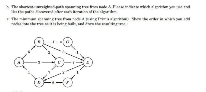 b. The shortest-unweighted-path spanning tree from node A. Please indicate which algorithm you use and
list the paths discovered after each iteration of the algorithm.
c. The minimum spanning tree from node A (using Prim's algorithm). Show the order in which you add
nodes into the tree as it is being built, and draw the resulting tree. I
B
5
3
E
6
F

