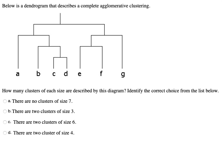 Below is a dendrogram that describes a complete agglomerative clustering.
b c d e
a
How many clusters of each size are described by this diagram? Identify the correct choice from the list below.
a. There are no clusters of size 7.
b. There are two clusters of size 3.
c. There are two clusters of size 6.
d. There are two cluster of size 4.
