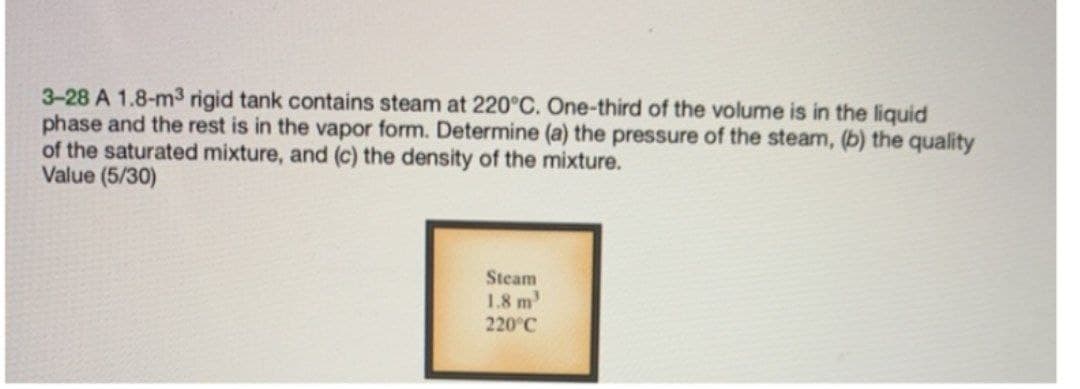 3-28 A 1.8-m3 rigid tank contains steam at 220°C. One-third of the volume is in the liquid
phase and the rest is in the vapor form. Determine (a) the pressure of the steam, (b) the quality
of the saturated mixture, and (c) the density of the mixture.
Value (5/30)
Steam
1.8 m
220°C
