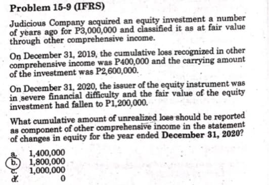 Problem 15-9 (IFRS)
Judicious Company acquired an equity investment a number
of yèars ago for P3,000,000 and classified it as at fair value
through other comprehensive income.
On December 31, 2019, the cumulative loss recognized in other
comprehensive income was P400,000 and the carrying amount
of the investment was P2,600,000.
On December 31, 2020, the issuer of the equity instrument was
in severe financial difficulty and the fair value of the equity
investment had fallen to P1,200,000.
What cumulative amount of unrealized lose should be reported
as component of other comprehensive income in the statement
of changes in equity for the year ended December 31, 2020?
1,400,000
1,800,000
1,000,000
