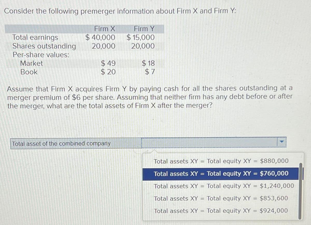 Consider the following premerger information about Firm X and Firm Y:
Firm X
$ 40,000
20,000
Total earnings
Shares outstanding
Per-share values:
Market
Book
$49
$ 20
Firm Y
$15,000
20,000
Total asset of the combined company
$18
$7
Assume that Firm X acquires Firm Y by paying cash for all the shares outstanding at a
merger premium of $6 per share. Assuming that neither firm has any debt before or after
the merger, what are the total assets of Firm X after the merger?
Total assets XY
Total equity XY = $880,000
Total assets XY = Total equity XY = $760,000
Total assets XY = Total equity XY = $1,240,000
Total assets XY = Total equity XY = $853,600
Total assets XY = Total equity XY = $924,000
=