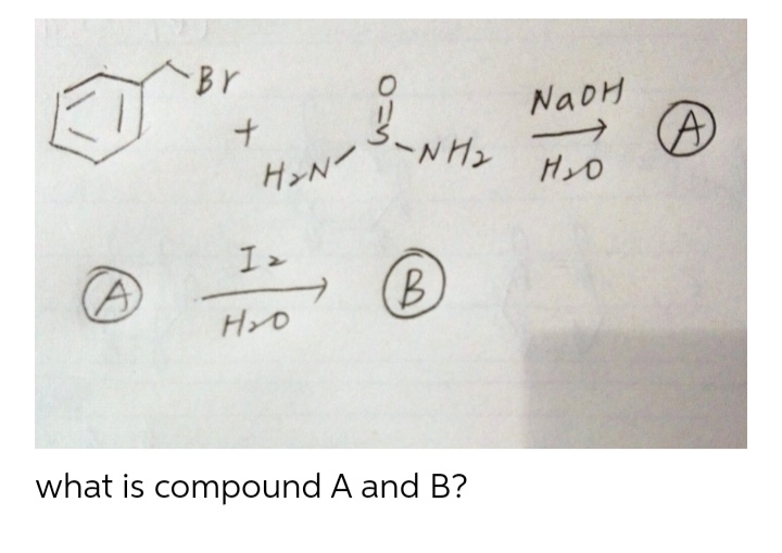Br
NaoH
NH2
H>N
(B
HYO
what is compound A and B?
