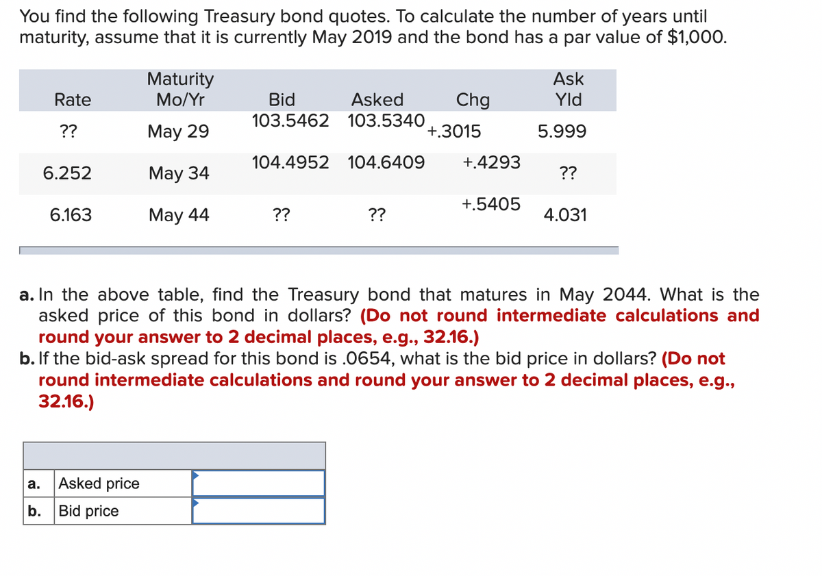 You find the following Treasury bond quotes. To calculate the number of years until
maturity, assume that it is currently May 2019 and the bond has a par value of $1,000.
Maturity
Mo/Yr
Ask
Yld
Rate
Bid
Asked
103.5462 103.5340
Chg
??
May 29
5.999
104.4952 104.6409
+.4293
6.252
May 34
??
+.5405
6.163
May 44
??
??
4.031
a. In the above table, find the Treasury bond that matures in May 2044. What is the
asked price of this bond in dollars? (Do not round intermediate calculations and
round your answer to 2 decimal places, e.g., 32.16.)
b. If the bid-ask spread for this bond is .0654, what is the bid price in dollars? (Do not
round intermediate calculations and round your answer to 2 decimal places, e.g.,
32.16.)
a.
Asked price
b. Bid price
+.3015