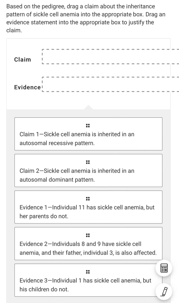 Based on the pedigree, drag a claim about the inheritance
pattern of sickle cell anemia into the appropriate box. Drag an
evidence statement into the appropriate box to justify the
claim.
Claim
Evidence!
::
Claim 1-Sickle cell anemia is inherited in an
autosomal recessive pattern.
::
Claim 2-Sickle cell anemia is inherited in an
autosomal dominant pattern.
Evidence 1-Individual 11 has sickle cell anemia, but
her parents do not.
::
Evidence 2-Individuals 8 and 9 have sickle cell
anemia, and their father, individual 3, is also affected.
::
Evidence 3-Individual 1 has sickle cell anemia, but
his children do not.
