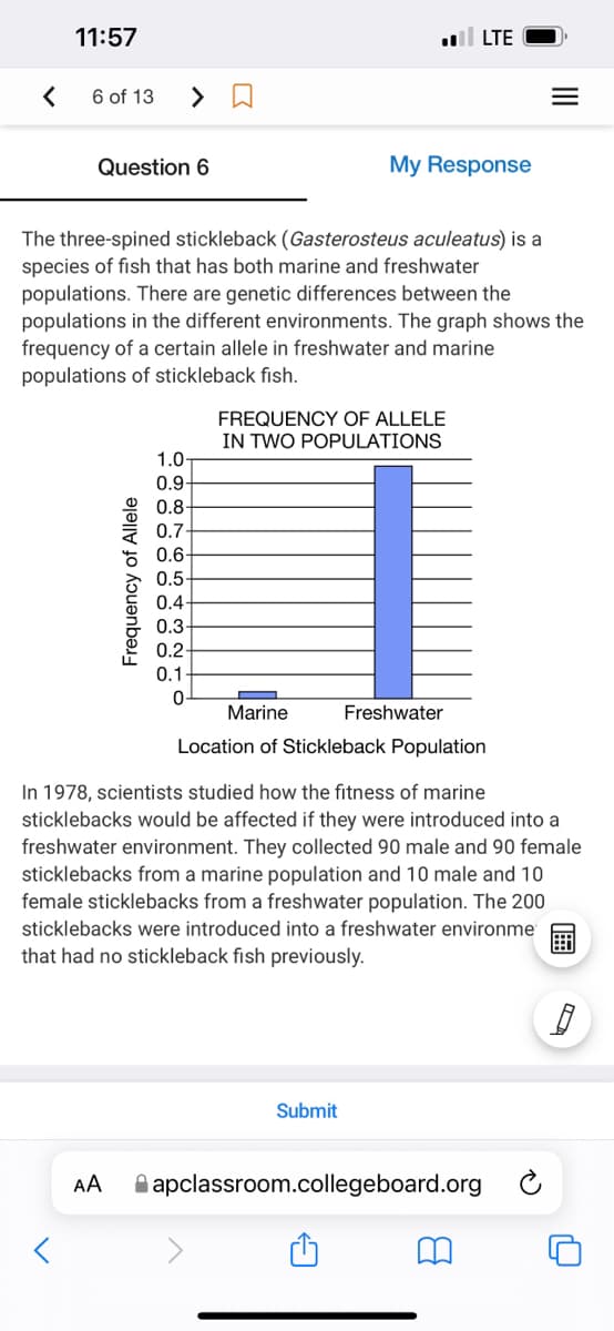 11:57
LTE
6 of 13
Question 6
My Response
The three-spined stickleback (Gasterosteus aculeatus) is a
species of fish that has both marine and freshwater
populations. There are genetic differences between the
populations in the different environments. The graph shows the
frequency of a certain allele in freshwater and marine
populations of stickleback fish.
FREQUENCY OF ALLELE
IN TWO POPULATIONS
1.0-
0.9-
0.8-
0.7
0.6
0.5
0.4
0.3
0.2
0.1
0-
Marine
Freshwater
Location of Stickleback Population
In 1978, scientists studied how the fitness of marine
sticklebacks would be affected if they were introduced into a
freshwater environment. They collected 90 male and 90 female
sticklebacks from a marine population and 10 male and 10
female sticklebacks from a freshwater population. The 200
sticklebacks were introduced into a freshwater environme
that had no stickleback fish previously.
Submit
AA
A apclassroom.collegeboard.org
Frequency of Allele
