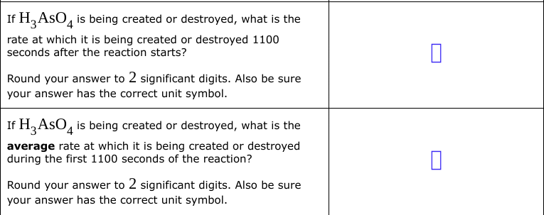 If H3 ASO4 is being created or destroyed, what is the
rate at which it is being created or destroyed 1100
seconds after the reaction starts?
Round your answer to 2 significant digits. Also be sure
your answer has the correct unit symbol.
If H3 AsO is being created or destroyed, what is the
average rate at which it is being created or destroyed
during the first 1100 seconds of the reaction?
Round your answer to 2 significant digits. Also be sure
your answer has the correct unit symbol.
0