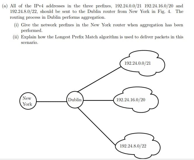 (a) All of the IPv4 addresses in the three prefixes, 192.24.0.0/21 192.24.16.0/20 and
192.24.8.0/22, should be sent to the Dublin router from New York in Fig. 4. The
routing process in Dublin performs aggregation.
(i) Give the network prefixes in the New York router when aggregation has been
performed.
(ii) Explain how the Longest Prefix Match algorithm is used to deliver packets in this
scenario.
192.24.0.0/21
New
York
Dublin
192.24.16.0/20
192.24.8.0/22