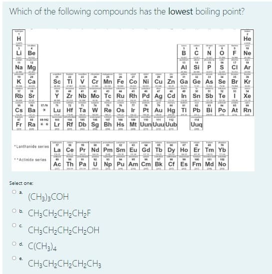 Which of the following compounds has the lowest boiling point?
Не
Li Be
F
Ne
11
12
13
14
15
16
17
18
Na Mg
Al Si
cI Ar
19
20
21
22
23
24
25
26
27
2
21
33
34
25
36
К Са
Sc Ti
V
Cr Mn Fe Co Ni Cu Zn Ga Ge As Se Br Kr
37
42
43
44
47
53
54
Rb Sr
Y
Zr Nb Mo Tc Ru Rh Pd Ag Cd In Sn Sb Te
Хе
COME
ST-
72
24
83
85
Cs Ba
Lu Hf Ta W Re Os
Ir
Pt Au Hg TI Pb Bi Po At Rn
87
102
163
104
106
108
110
111
112
114
Fr Ra ** Lr Rf Db Sg Bh Hs Mt Uun Uuu Uub
Uuq
*Lanthanide series
La Ce Pr Nd Pm Sm Eu Gd Tb Dy Ho Er Tm Yb
**Actinide series
95
100
101
102
Ac Th Pa U Np Pu Am Cm Bk Cf Es Fm Md No
Select one:
Oa.
(CH);COH
Ob.
CH;CH;CH;CH;F
CH;CH;CH;CH;OH
Od. C(CH3)4
CH;CH2CH;CH2CH3

